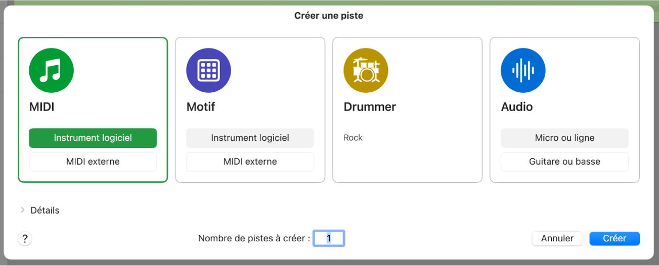 Figure. Zone de dialogue Nouvelles pistes avec boutons MIDI, Motif, Drummer et Audio.