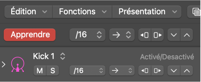 Bouton Mode d’apprentissage (Ajouter) actif dans la barre des menus du séquenceur pas à pas.