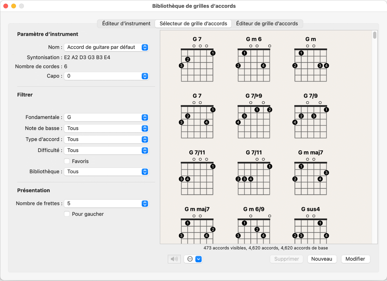 Figure. Sous-fenêtre du sélecteur de grille d’accords dans la bibliothèque de grilles d’accords