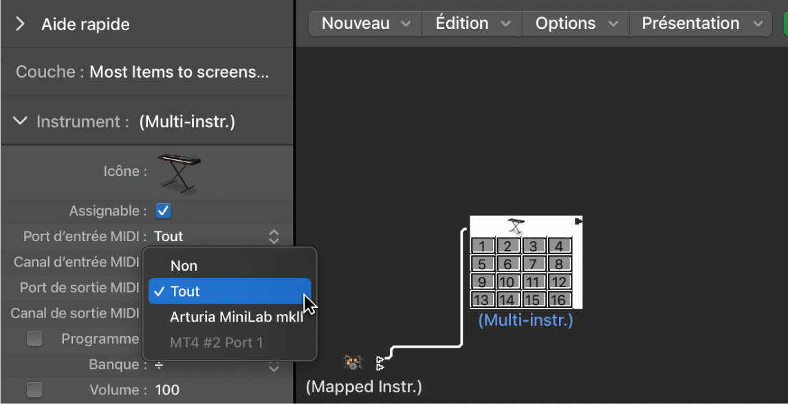 Figure. Menu local Port dans l’inspecteur d’objets montrant les options de sortie MIDI.