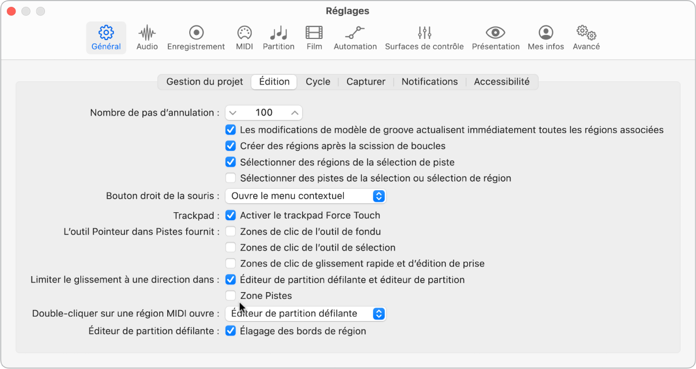 Figure. Réglages généraux d’édition avec options permettant de limiter le mouvement de glissement des notes