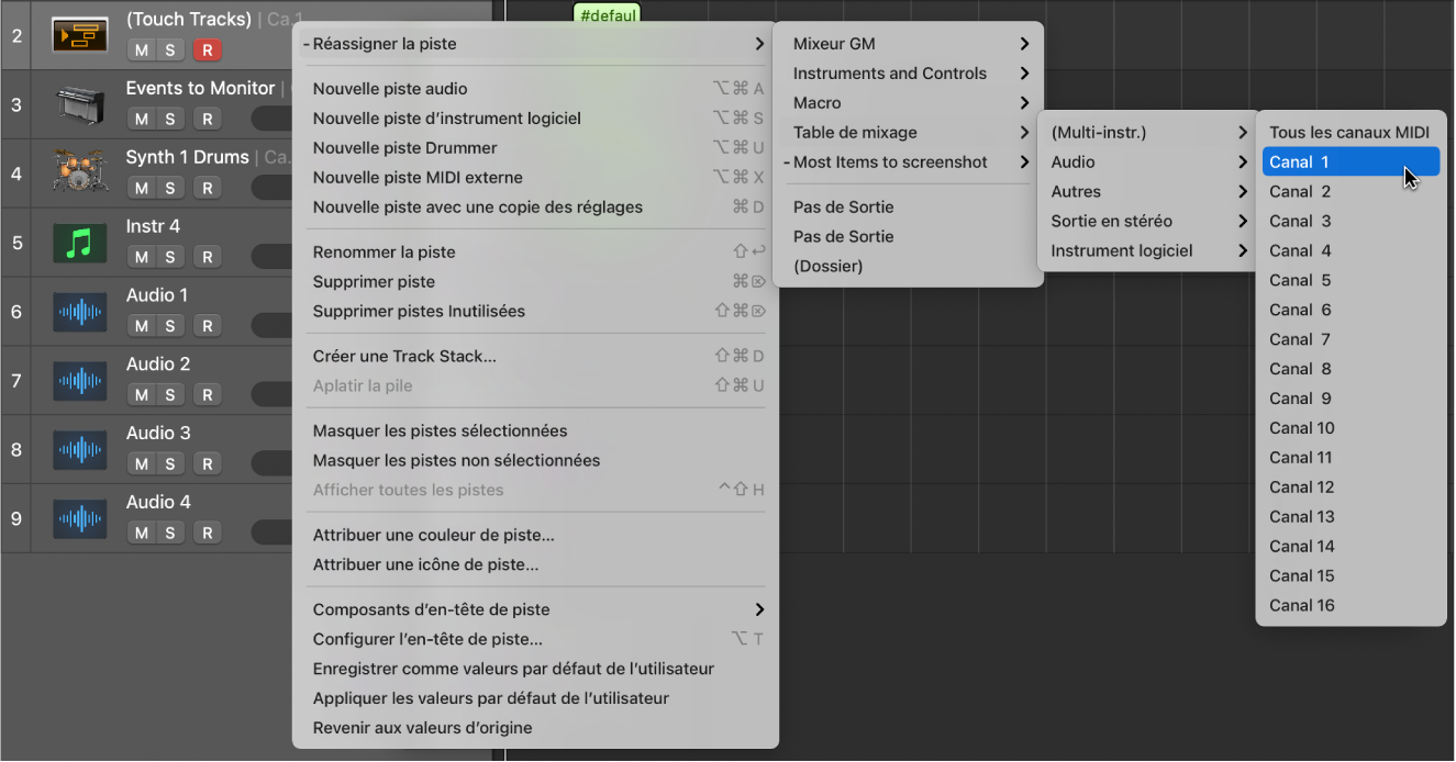 Figure. Accès à l’instrument mappé dans le menu contextuel Réassigner la piste de la zone Pistes.