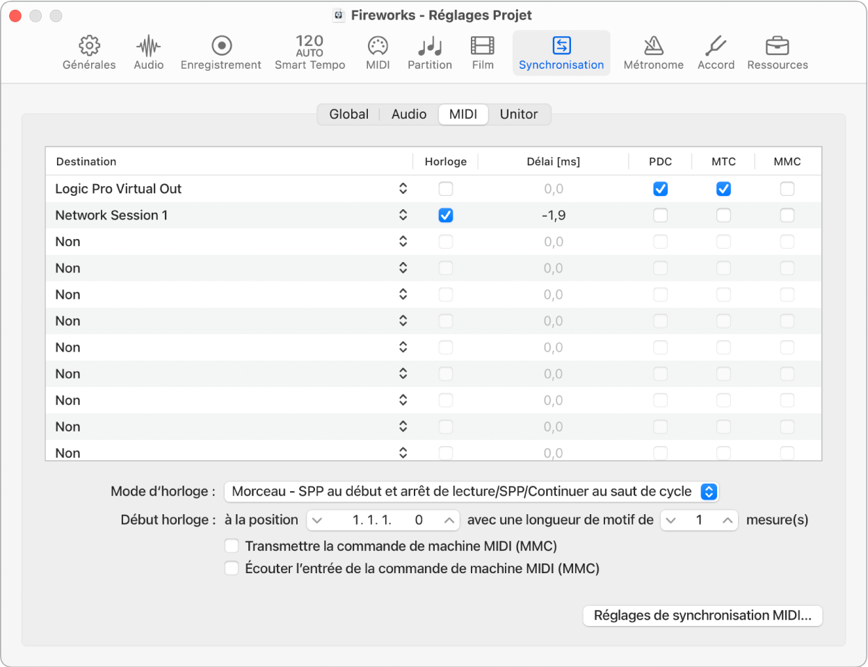 Figure. Réglages de synchronisation MIDI du projet.