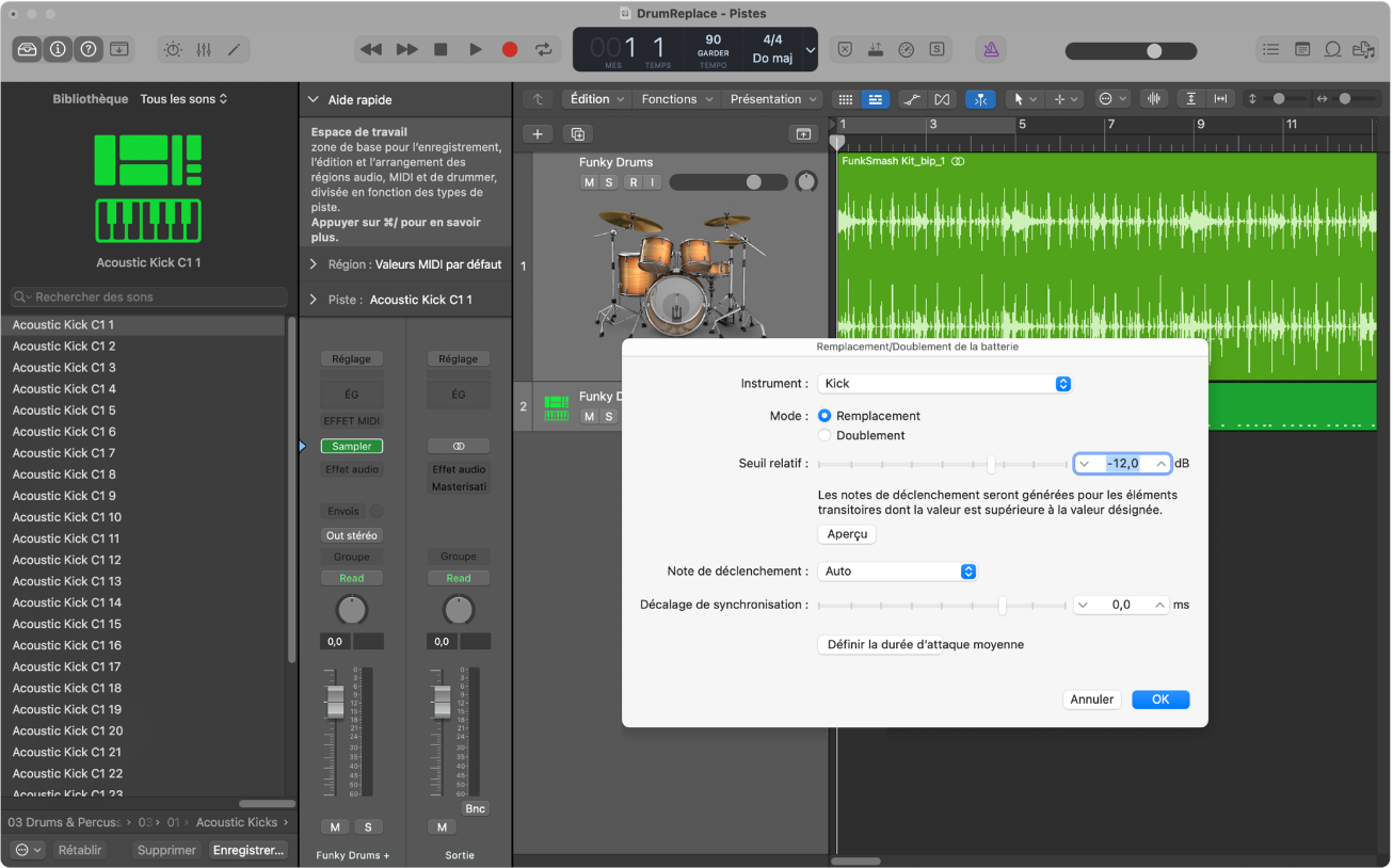 Figure. Zone Pistes avec la piste audio agrandie, la bibliothèque ouverte présentant les sons de batterie et la zone de dialogue « Remplacement/Doublement de la batterie » ouverte.