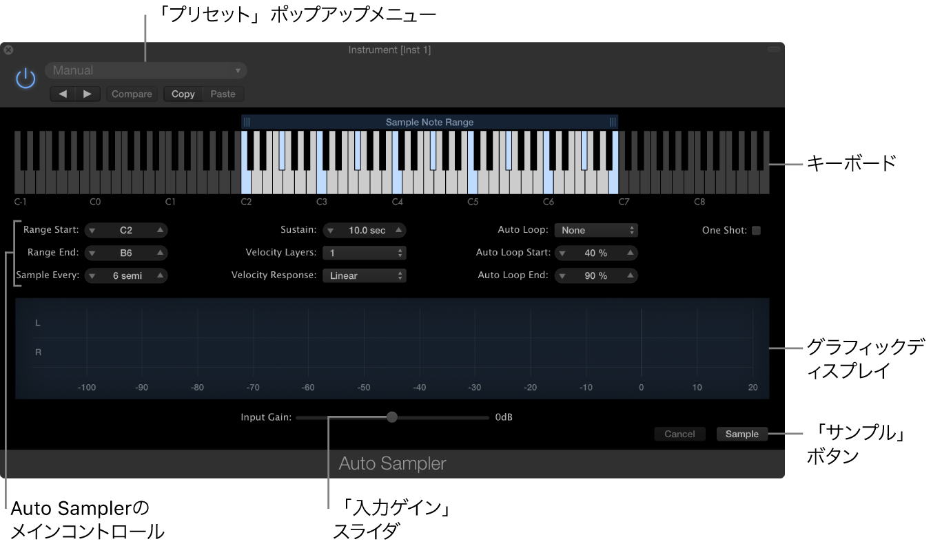 図。領域とコントロールが表示されたAuto Samplerプラグインウインドウ。