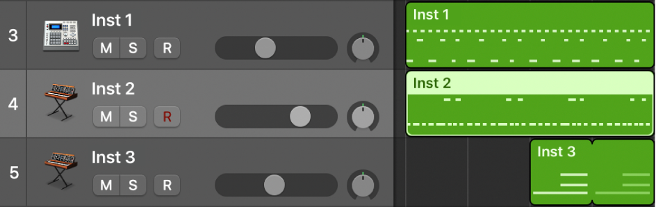 図。ソフトウェア音源トラックのMIDIリージョンが表示されたトラック領域。