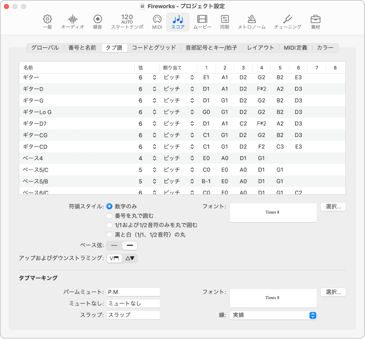 図。「タブ譜」プロジェクト設定。