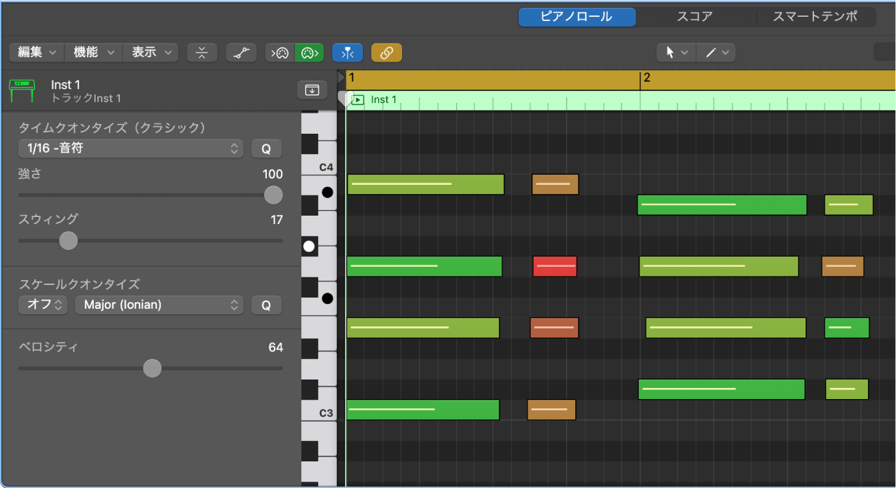 図。ピアノロールエディタでノートをクオンタイズしています。