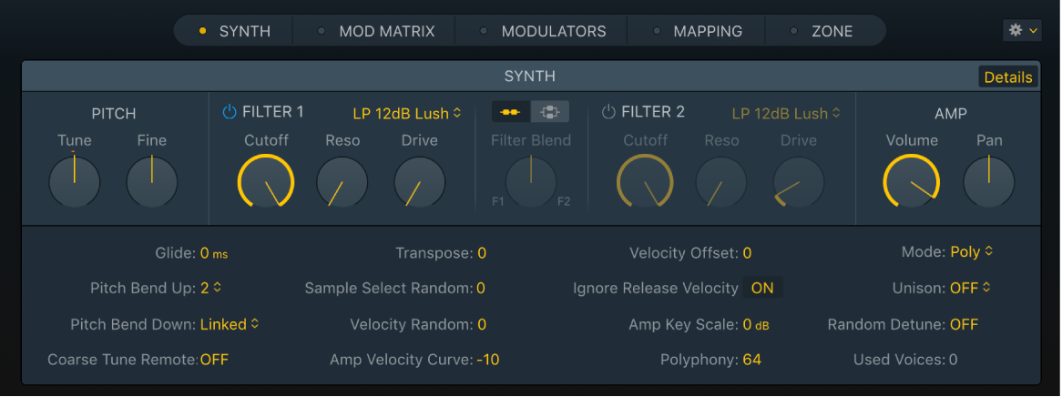 그림, Details 파라미터가 포함된 Sampler Synth 패널.