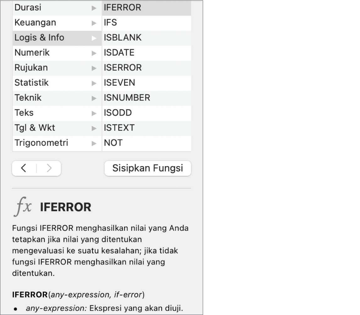 Browser Fungsi menampilkan informasi untuk fungsi IFERROR.