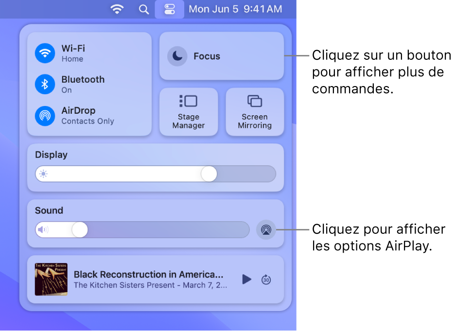 Vue agrandie du centre de contrôle sur votre Mac.