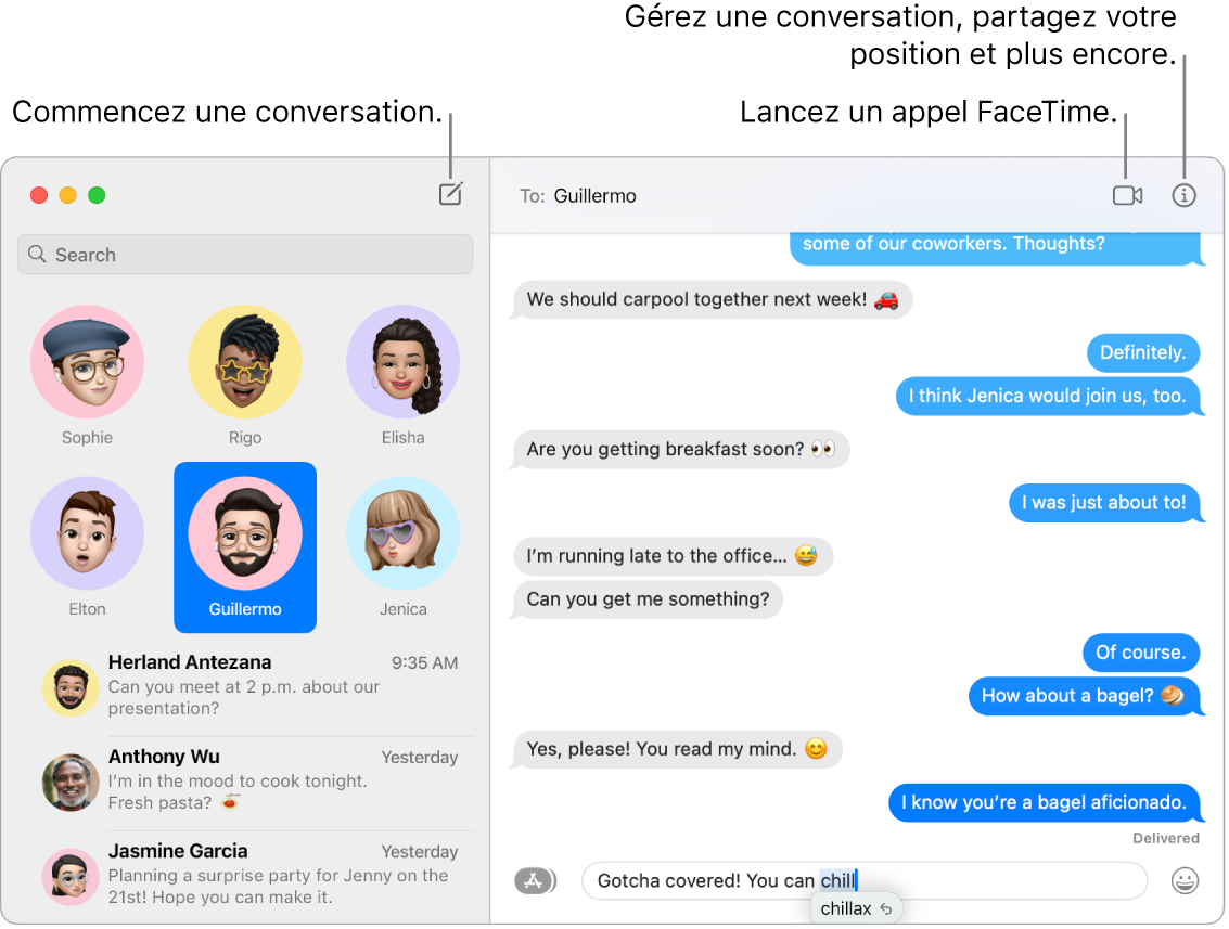 Une fenêtre de Messages montrant comment lancer une conversation et passer un appel FaceTime.