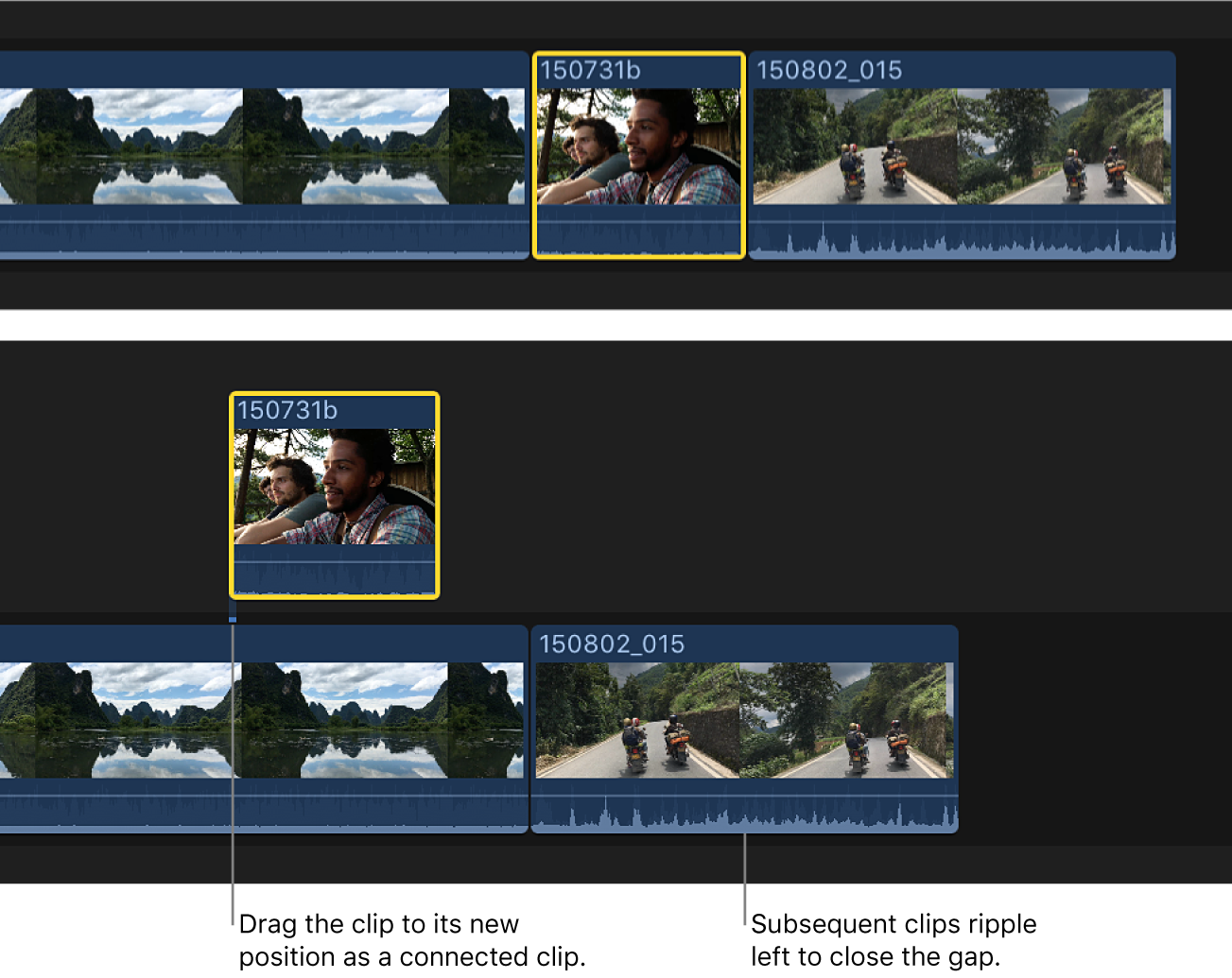 A clip in the timeline being dragged from the primary storyline to a new position as a connected clip, causing clips after it in the primary storyline to ripple left to close the gap