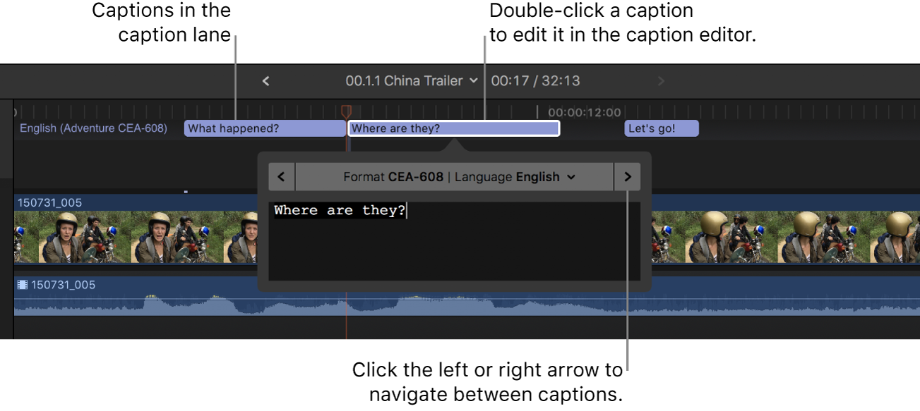 Three captions in the caption lane in the timeline, and the caption editor showing the text of the selected caption