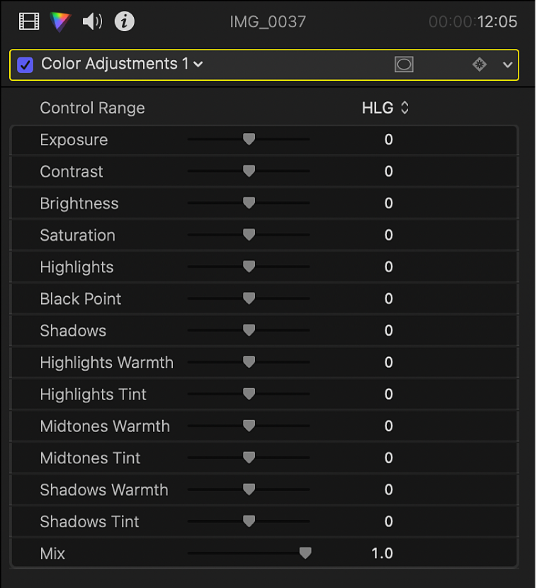 The Color inspector showing controls in the Color Adjustments effect