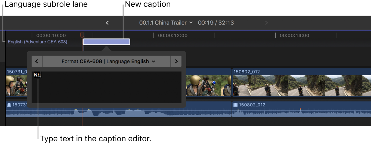 Text being typed in the caption editor in the timeline