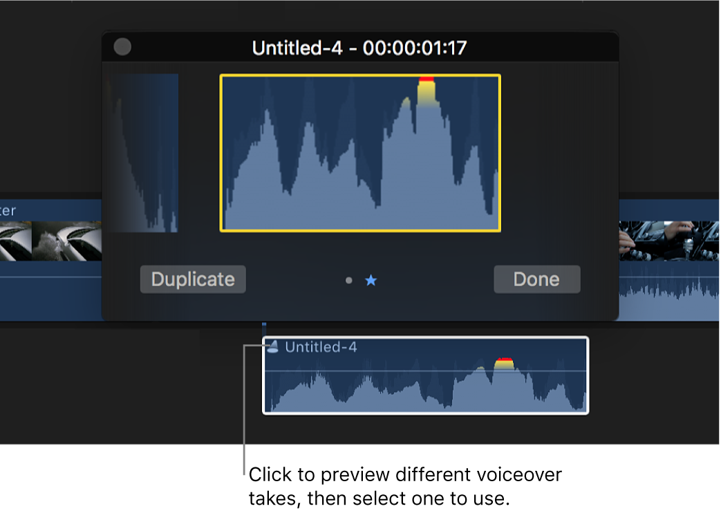 Línea de tiempo con un clip de audición debajo de la ventana de audición