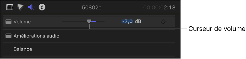 Curseur de volume dans la section Volume et balance de l’inspecteur audio