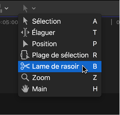 Outil Lame de rasoir dans le menu local Outils