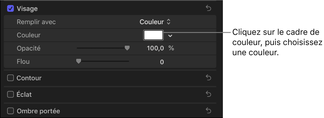 Cadre de couleur dans la section Face de l’inspecteur