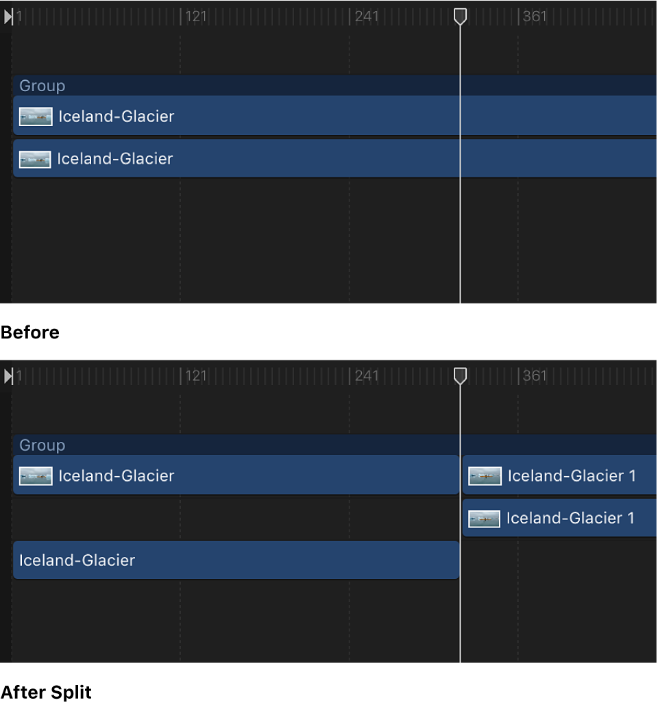 Timeline showing a track and the track being split