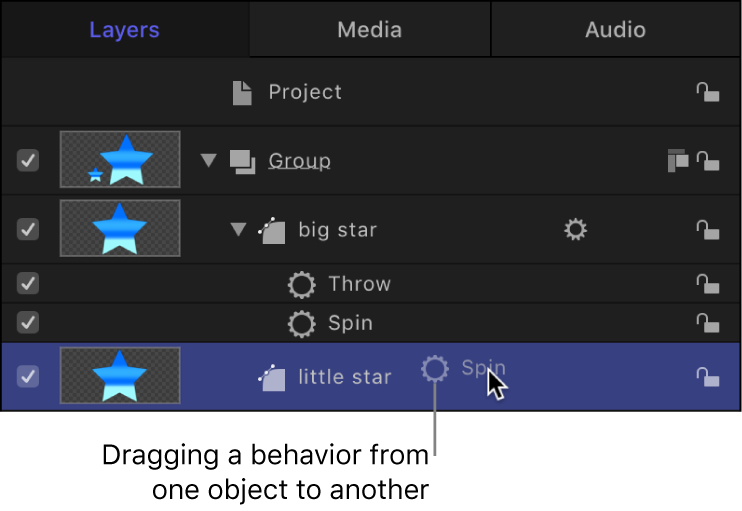 Layers list showing a behavior being dragged from one object to another