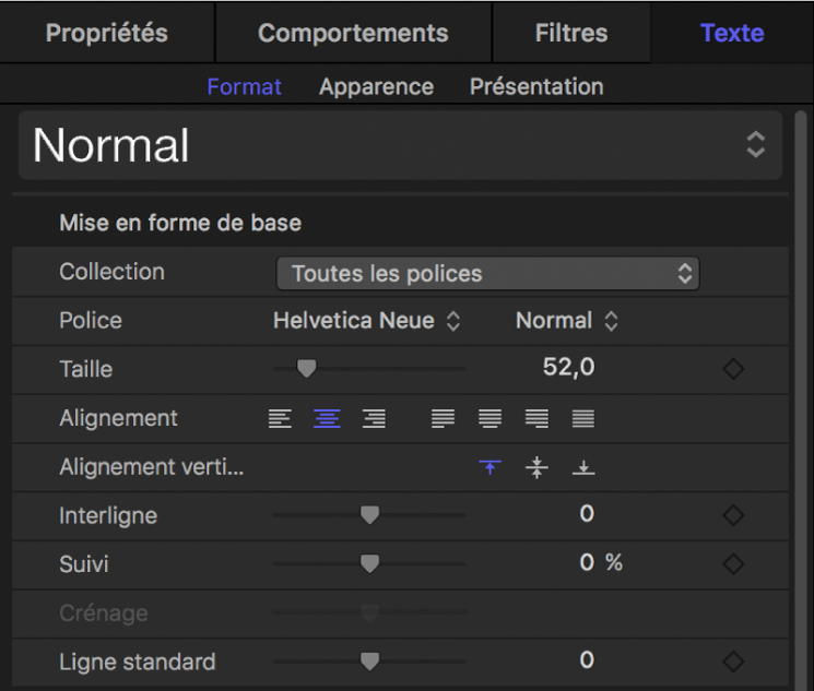 Commandes de mise en forme de base dans la fenêtre Format de l’inspecteur de texte