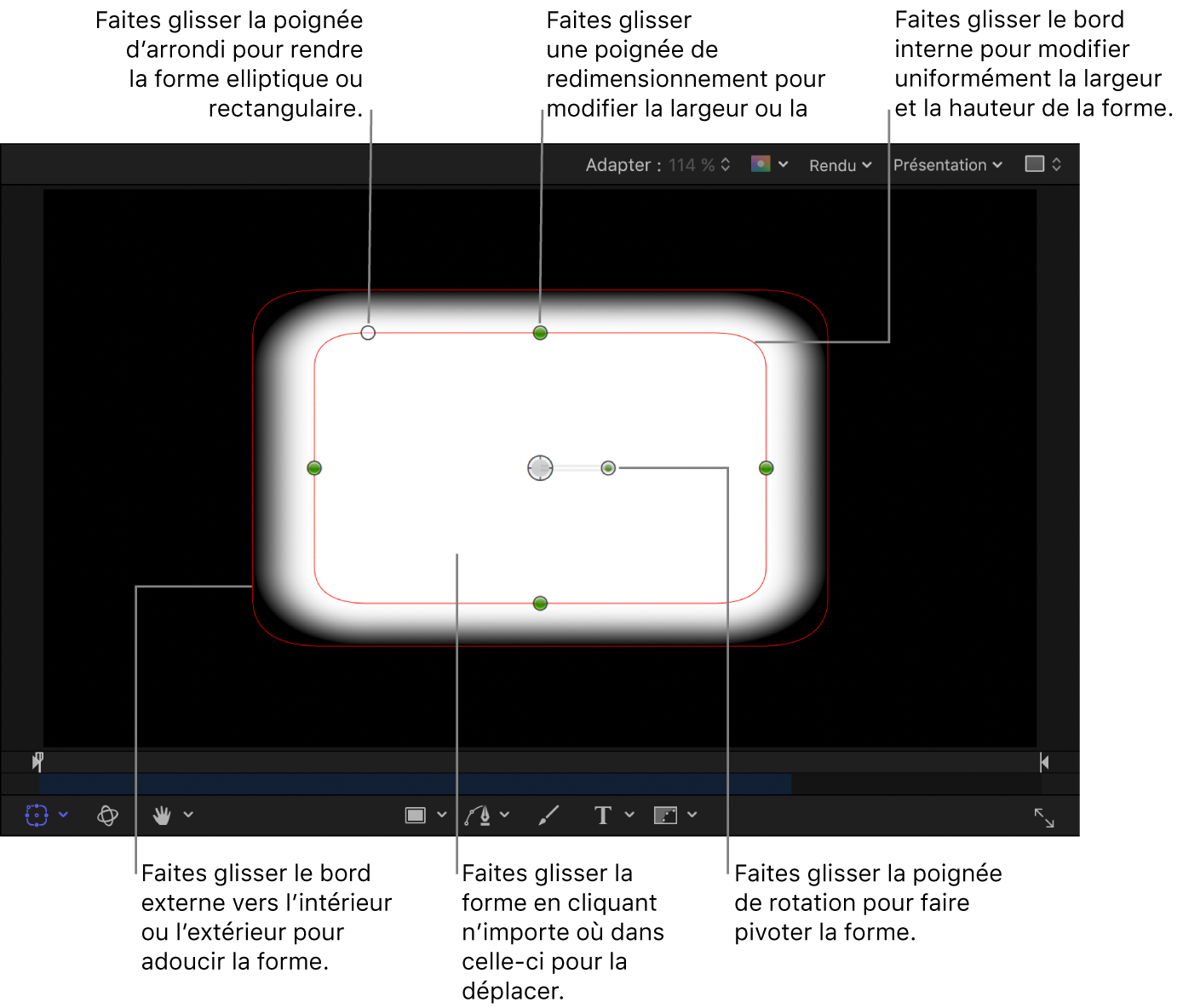 Commandes à l’écran permettant de régler la taille, le contour progressif, la rondeur et la rotation d’une forme simple