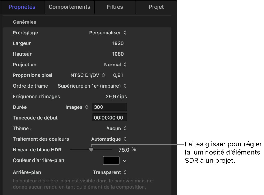 Inspecteur des propriétés du projet montrant la curseur « Niveau de blanc HDR ».