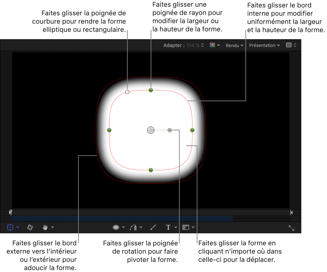 Commandes à l’écran permettant de régler la taille, le contour progressif, la courbure et la rotation d’une forme simple