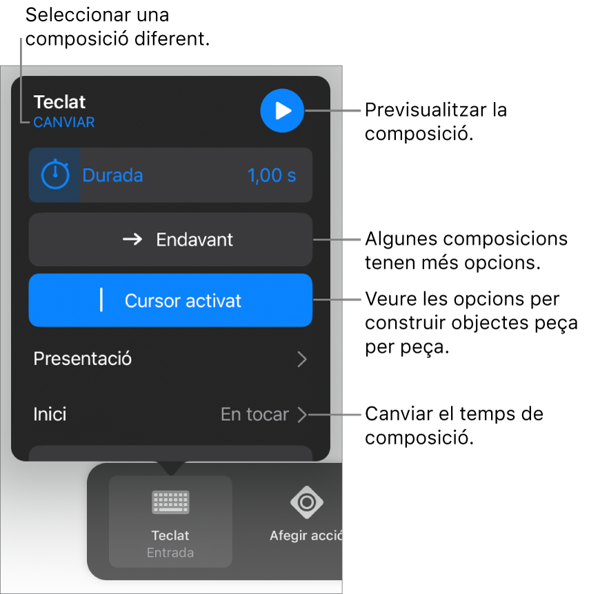 Les composicions d’entrada tenen les opcions Durada, Presentació i “Temporització d’inici”. Toca Canviar per seleccionar una entrada diferent, o toca Previsualitzar per previsualitzar la composició.