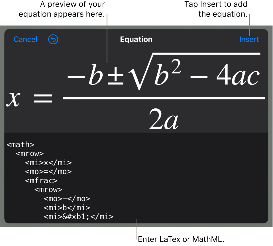 The Equation dialog, showing an equation written using MathML commands, and a preview of the formula above.