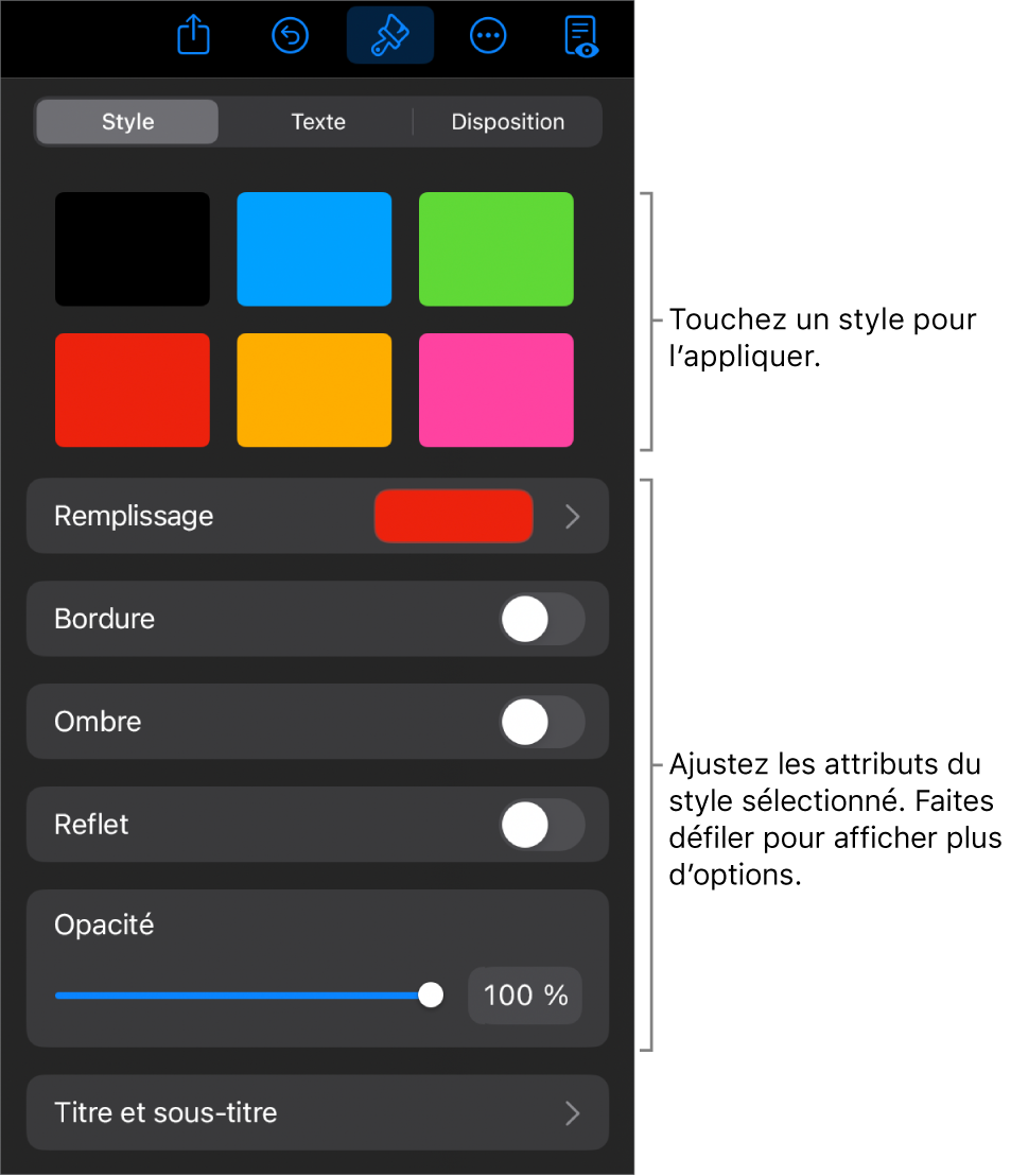 L’onglet Style du menu Format avec les styles d’objet en haut et des commandes au-dessous pour modifier la bordure, l’ombre, le reflet et l’opacité.