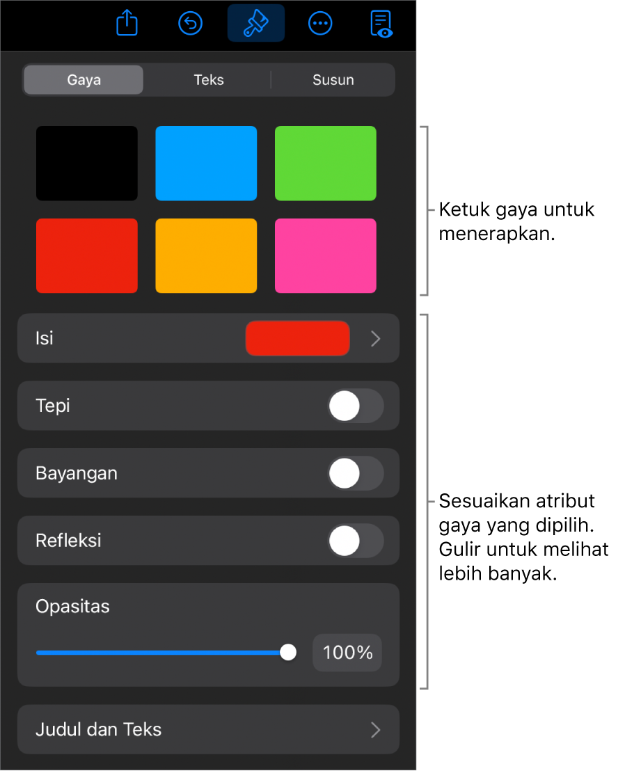 Tab Gaya menu Format dengan gaya objek di bagian atas dan kontrol di bawahnya untuk mengubah tepi, bayangan, refleksi, dan opasitas.