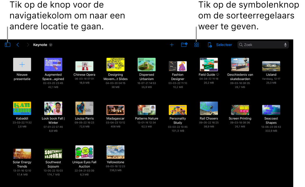 De bladerweergave van de presentatieweergave met linksboven een link naar andere locaties en rechtsboven een zoekveld. Boven in het scherm staan knoppen voor een nieuwe presentatie en een nieuwe map, de symbolenknop om te filteren op naam, datum, grootte, soort of tag, de knop voor de afstandsbediening en de knop 'Selecteer'. Daaronder staan miniaturen van bestaande presentaties.
