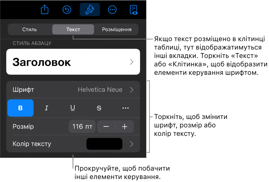 Елементи керування текстом у меню «Формат» для настроювання стилів абзацу й символів, шрифту, розміру та кольору.