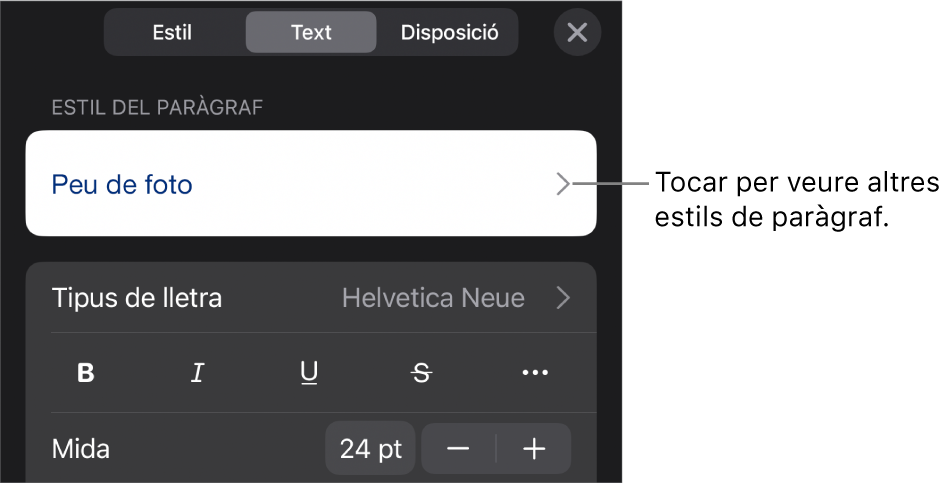 El menú Format amb els controls de text per definir els estils de paràgraf i de caràcter, el tipus de lletra, la mida i el color.