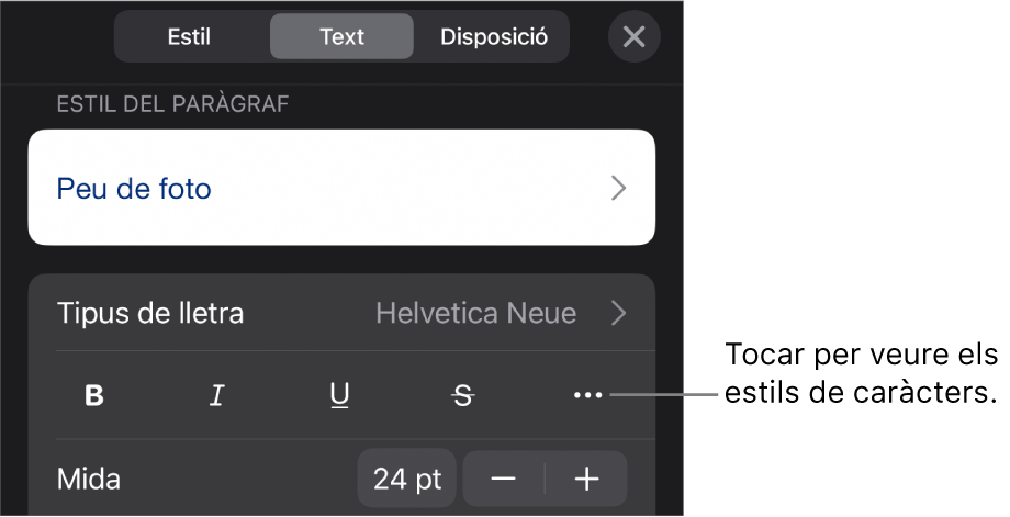 Els controls de Format amb estils de paràgraf a la part superior i, després, els controls de “Tipus de lletra”. A sota de “Tipus de lletra” hi ha els botons Negreta, Cursiva, Subratllat, Ratllat i “Més opcions de text”.