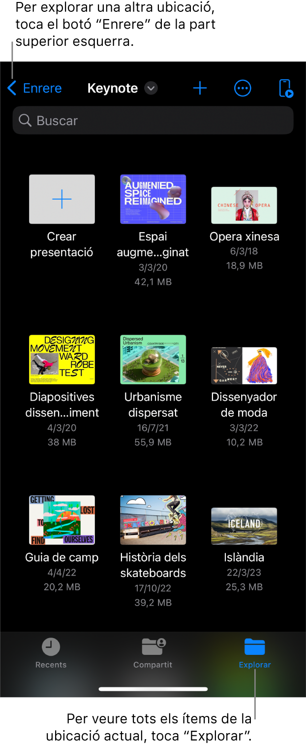 Vista d’exploració del gestor de presentacions amb el botó “Enrere” a l’angle superior esquerre i un camp de cerca a sota. A l’angle superior dret, hi ha els botons Afegir, Més i “Control remot”. A la part inferior de la pantalla hi ha els botons Recents, Compartit i Explorar.