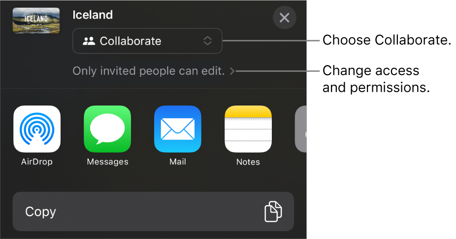 The Share menu with Collaborate selected at the top, and access and permission settings underneath.