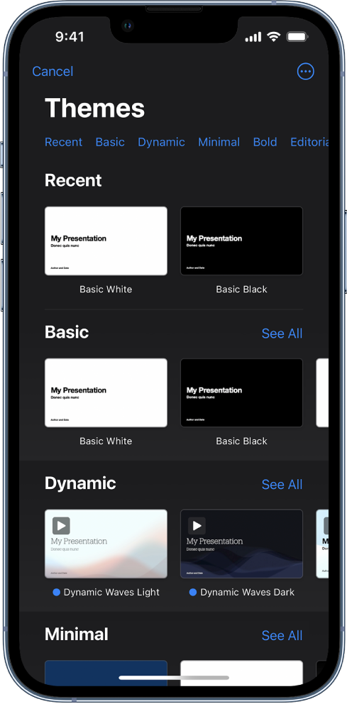  The theme chooser, showing a row of categories across the top that you can tap to filter the options. Below are thumbnails of pre-designed themes arranged in rows by category.