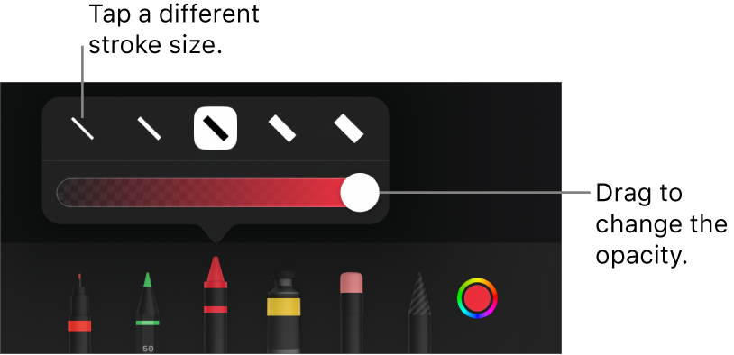 Controls for choosing a stroke size and a slider for adjusting the opacity.