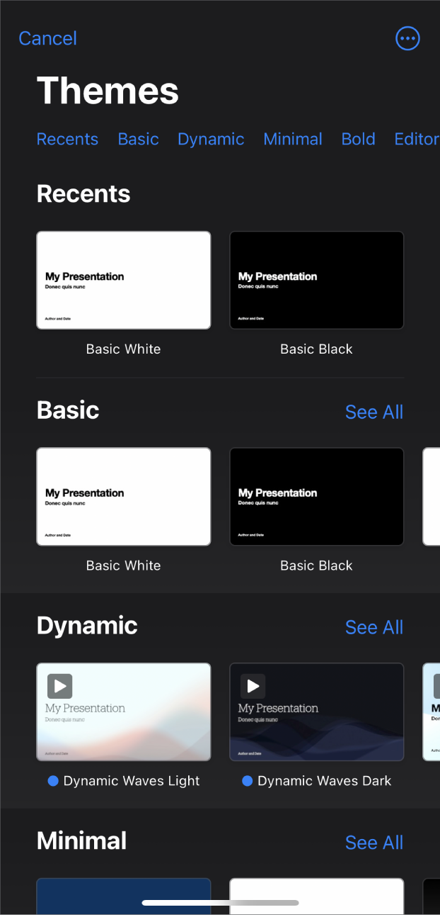 The theme chooser, showing a row of categories across the top that you can tap to filter the options. Below are thumbnails of predesigned themes arranged in rows by category.