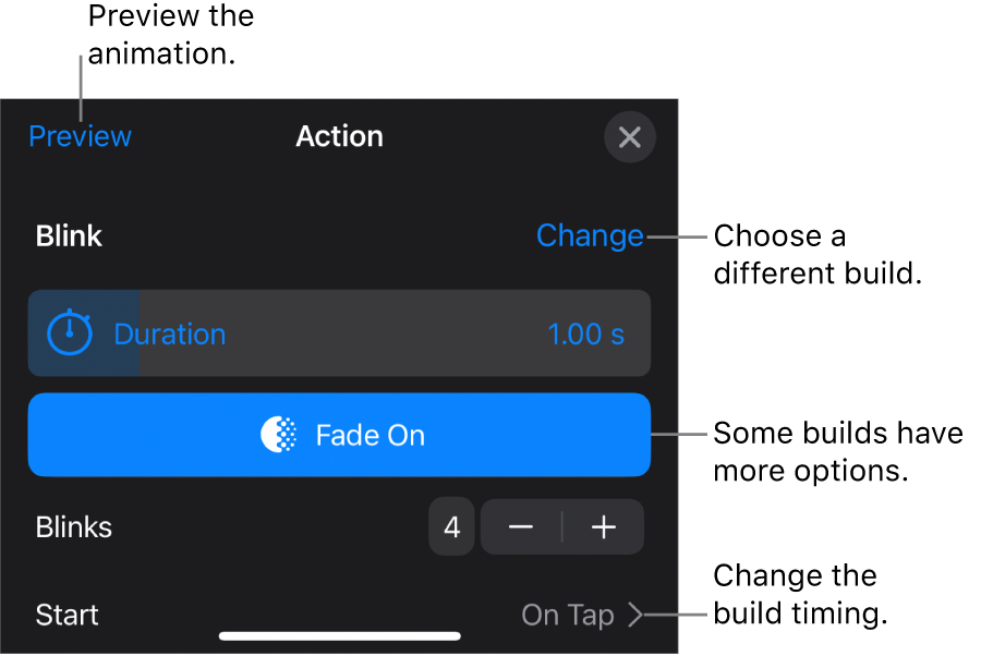 Build options include Duration and Start timing. Tap Change to choose a different build, or tap Preview to preview the build.