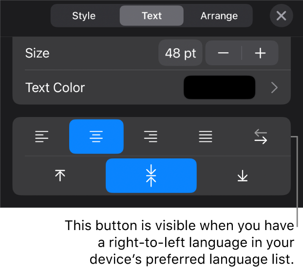 Text controls in the Format menu, with a callout to the Right to Left button.