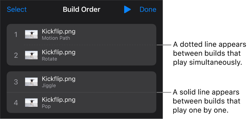 The Build Order menu, with a dotted line appearing between builds that play simultaneously and a solid line between builds that play one by one.