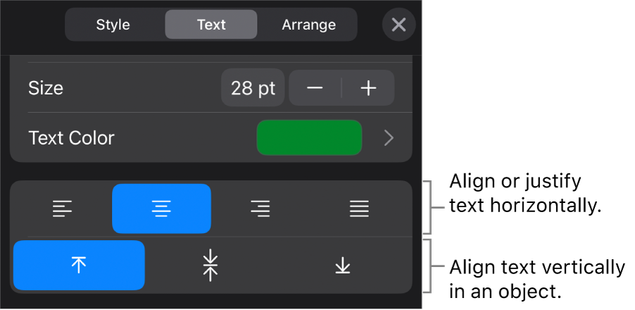 The Alignment section of the Format button with callouts to text alignment buttons.