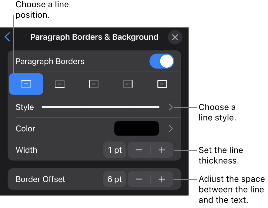 Controls to change the line style, thickness, position, and color.