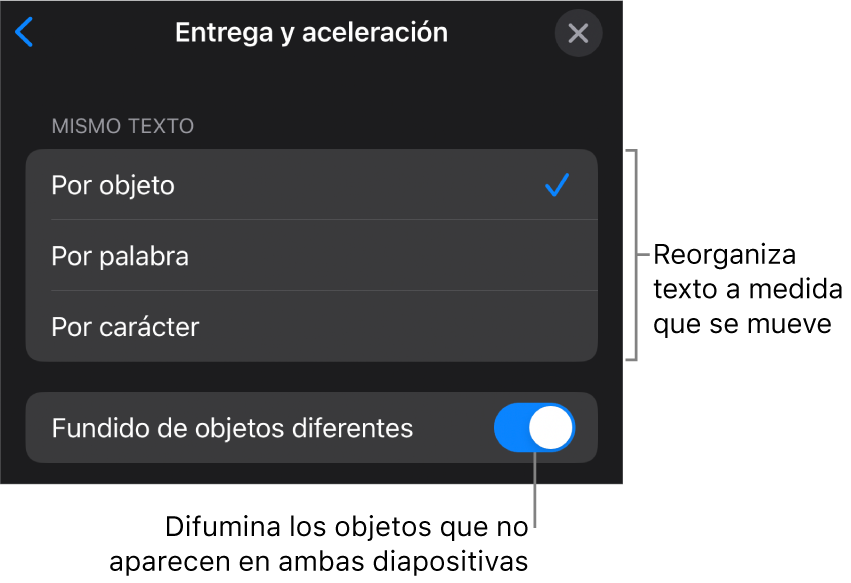 Opciones Entrega y Aceleración de Movimiento mágico en el panel Aceleración.