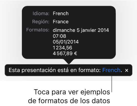 La notificación de la configuración de idioma y formato distinto, con ejemplos del formato en ese idioma y región.